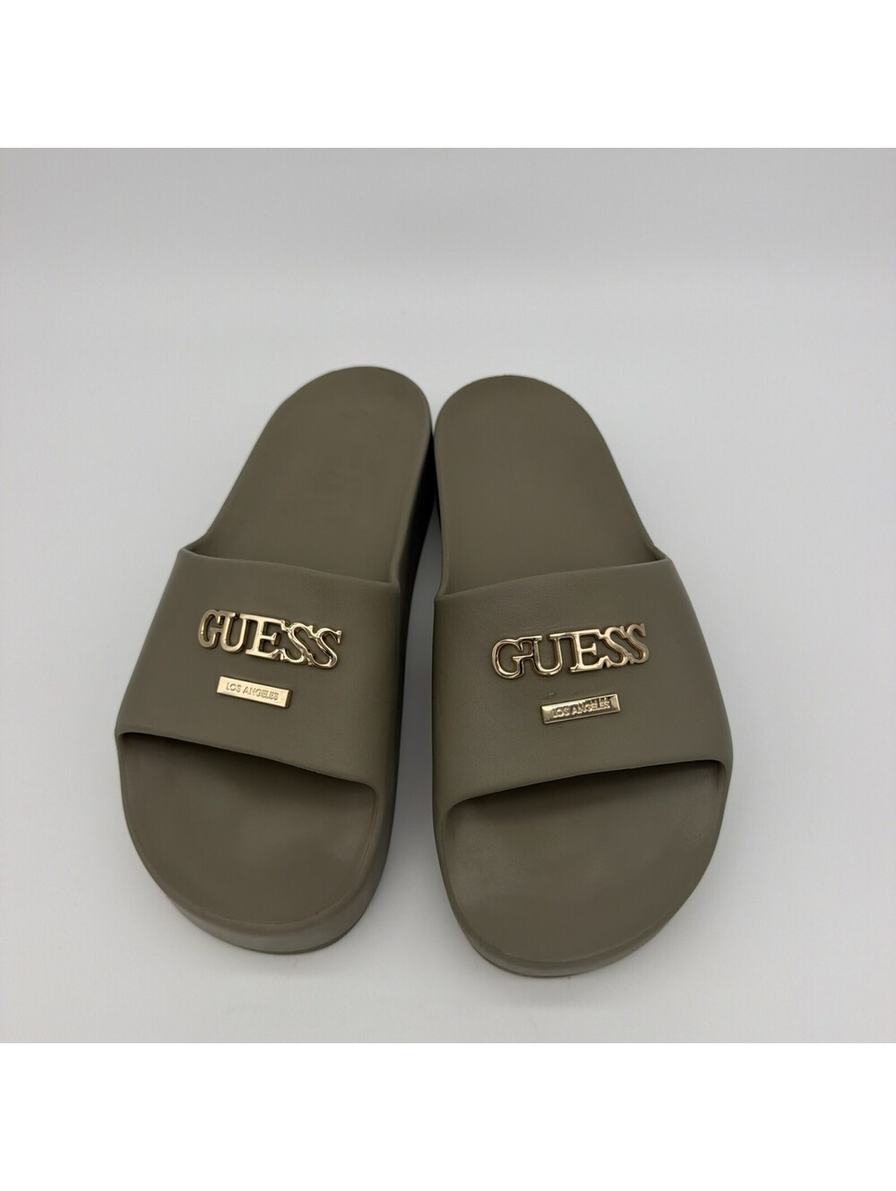 GUESS Women’s Taupe Slides Size 9 M | Gold Logo Slip-On Sandals